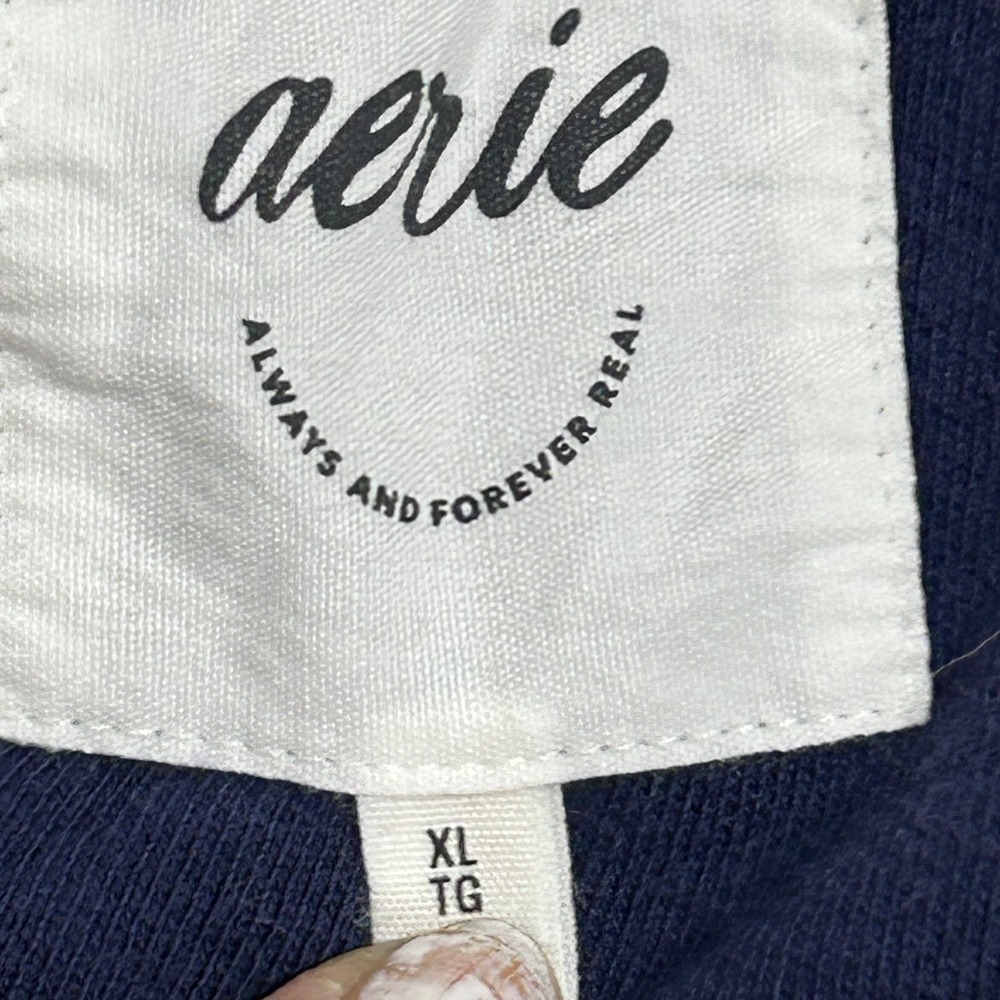 Aerie Rugby Shirt Womens Size XL Navy Blue White Striped Long Sleeve Relaxed Fit - Picture 5 of 8